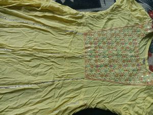Yellow Anarkali Kurta with Mirror Work