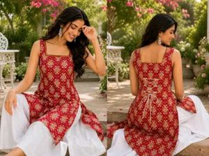 ✨Stylish Red Printed Kurta Set with Palazzo ✨ Crim