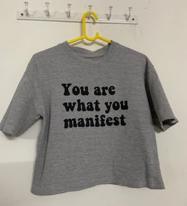 Grey Graphic Print Cropped Waffle Knit T-Shirt
