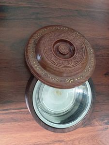 Hand Carved Wooden Casserole with Brass Inlay