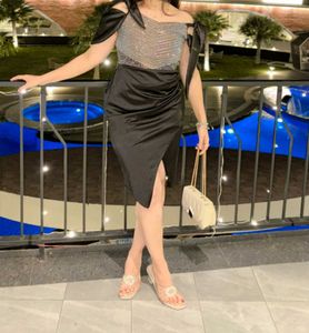 Chic Black Satin Dress with Rhinestone Bodice