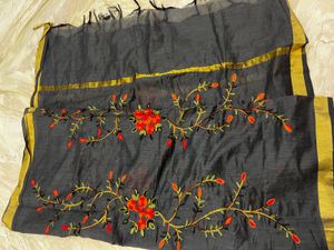 Embroidered Grey Cotton Duptta