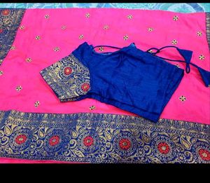 Beautiful Pink Saree with Blue Blouse