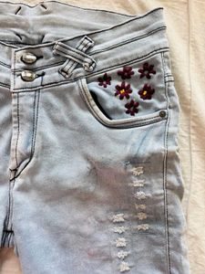 blue embroidered denim shorts