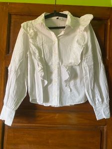 White Ruffle Button-Down Shirt
