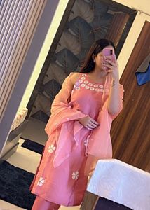 Pink Floral real mirror work Kurta Set