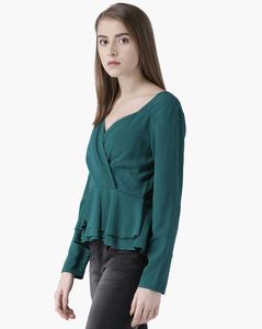 Elegant Green V-Neck Peplum Top