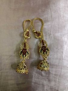 Exquisite Gold &amp; Red Stone Jhumka Earrings