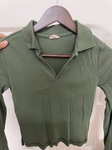 Olive Green Ribbed Collared Top