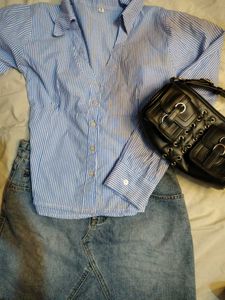 Retro Striped Button-Up &amp; Denim Skirt Set