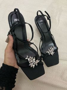 Zara Embellished Black Heeled Sandals