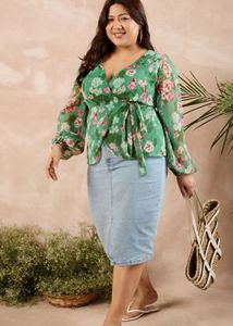 Plus Size Green Floral Wrap Top | 3XL