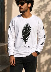 Men's White Feather Print Long Sleeve Tee
