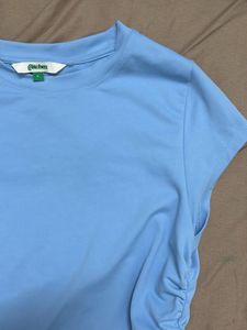 cap sleeved ruched fitted baby blue top