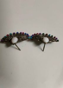 Oxidised Silver Afghani Boho Fan Stud Earrings - W