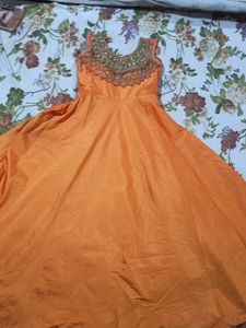 Orange Anarkali Dress with Embellished Neckline