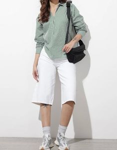Green &amp; White Striped V-Neck Shirt