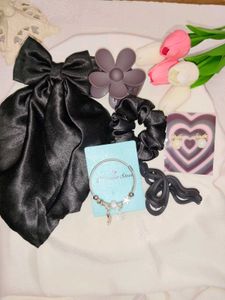 Chic Black Satin Bow &amp; Hair Clips Set