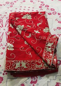 Red Saree with Silver Embroidery