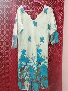 White Kurta Set with Blue Floral Print