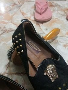 Black velvet studded loafers with gold medusa Embl