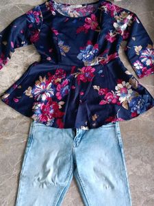 Chic Floral Peplum Top & Jeans Set