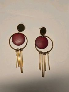 Unique Red Wood & Gold Dangle Earrings
