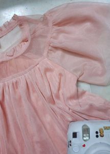 Peach Tulle Puff Sleeve Blouse