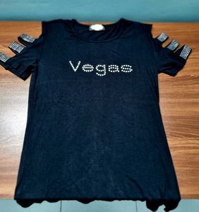 BLACK CHIC PARTY BLING T SHIRT Cutout Sleeve XS