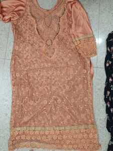 Peach Embroidered Kurta Set with Floral Bottom