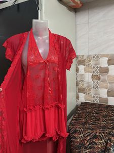2 pies Sheer Red Lace Robe &amp; Lingerie Set