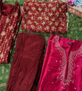 Red green banarsi suit with combo kurta phulkari