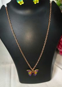 Butterfly Metal Combo Blue Multi Necklace &amp; Earrin