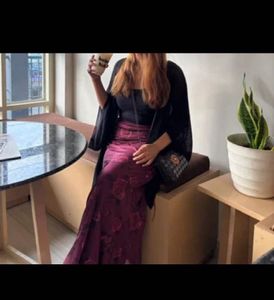 Burgundy Rose Print Mesh Maxi Skirt