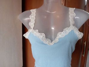 Blue Lace Trim Cropped Cami Tank Top