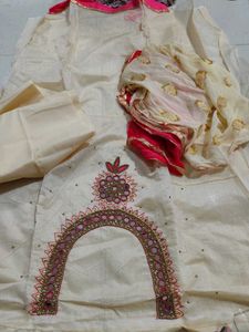 Cream unstiched dress material with Mirror Work