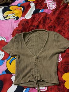 Ribbed V-Neck Drawstring brownTop