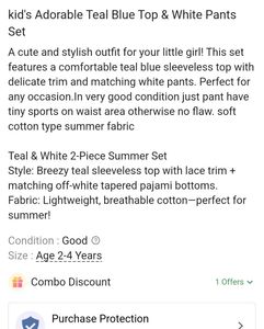 Teal Blue Top &amp; White Pants Set for Girls
