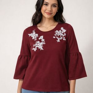 Maroon Embroidered Top With Bell Sleeves