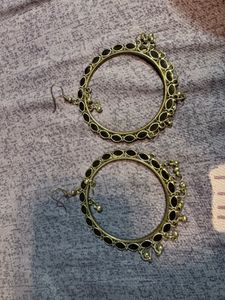 Oxidized Hoop Earrings with Black Stones