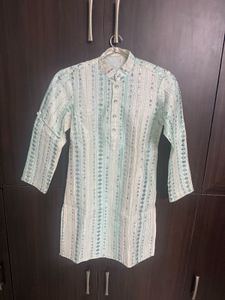 boys Off white kurta with blue embroidery