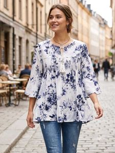 Blue Floral Print bell sleeve top
