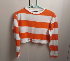 Orange &amp; White Striped Cropped Top