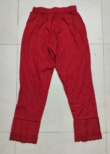 Red Palazzo Pants with Lace Trim