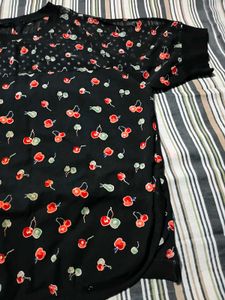 Cute Cherry Print Black Top