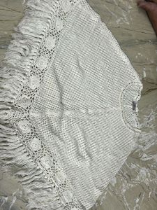 Cream Crochet Poncho with Fringe