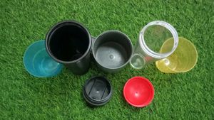 Plastic cups and bottles.