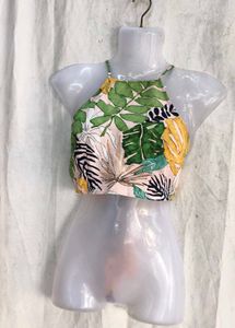 19810. Tropical Print Halter Neck Crop Top