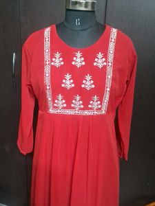 Red Kurta with White Embroidery