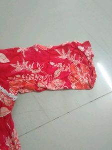 Red Floral Kurta with Embellished Neckline